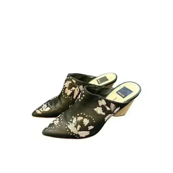 Dolce Vita Black Embroidered Studded Leather Mules, Size 8, Pre-Owned - Picture 2 of 12